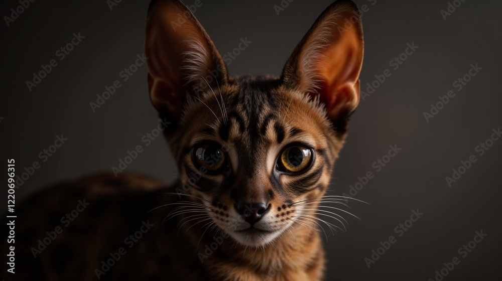 Obraz premium Oriental Shorthair with big ears, Tabby kitten close-up against a dark grey background