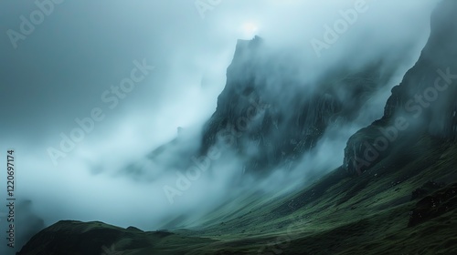 A beautiful landscape image of a mountain covered in fog. photo