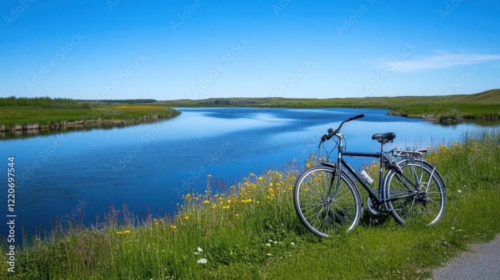 Fototapeta premium A bicycle parked beside a winding river under a bright blue sky.