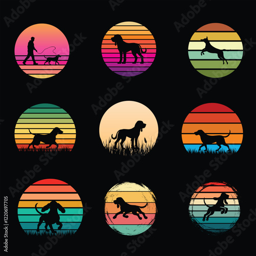 Retro Bloodhound Silhouette with Vintage Sunset Vector Bundle
