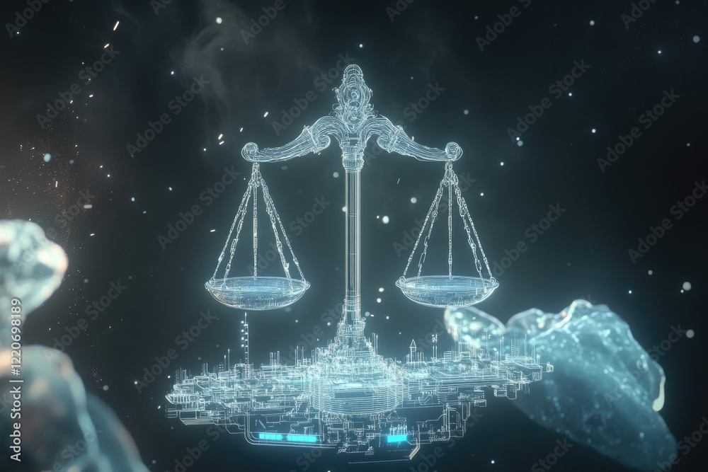 Glowing Balance Scale in a Futuristic Void With Digital Elements and Neon Illumination Glowing Balance Scale in a Futuristic Void With Digital Elements and Neon Illumination