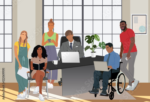 Multiracial business team. Young Men and women sitting at desk, standing in comfortable modern office, working together. Effective and productive teamwork. Cartoon vector illustration.
