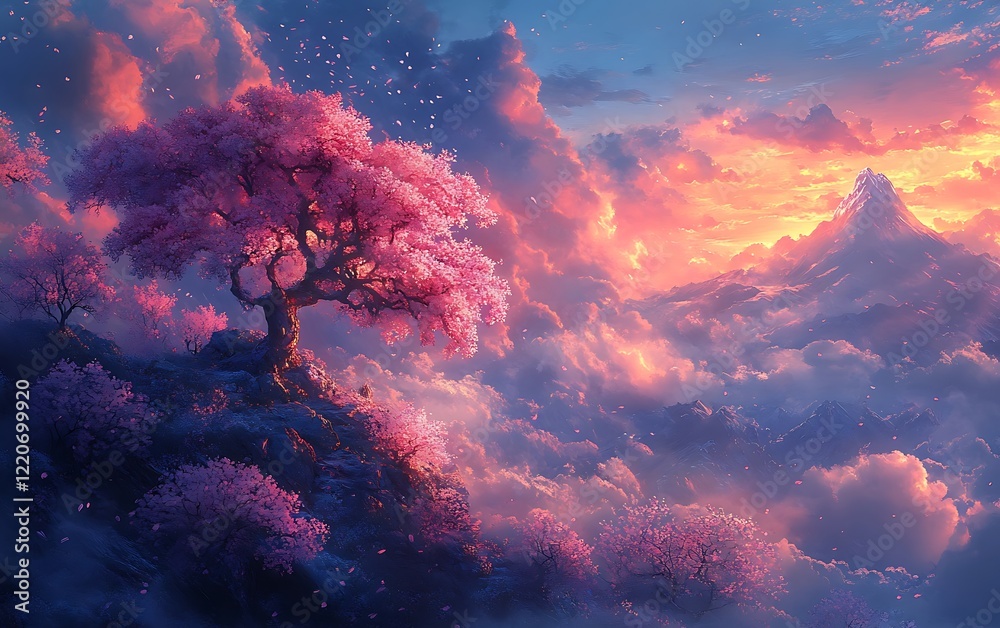 Fototapeta premium Sunset Blossom Tree Landscape Digital Art