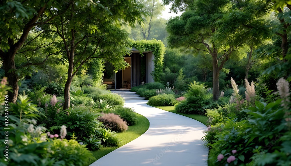 Serene Garden Path Leading Modern House Lush Greenery Serene Garden Path Leading Modern House Lush Greenery