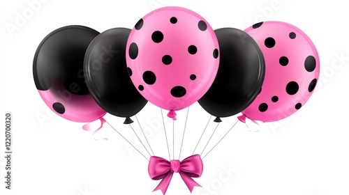 Five balloons, 2 pink with dots, 3 black with strings and bow, for party or celebration photo