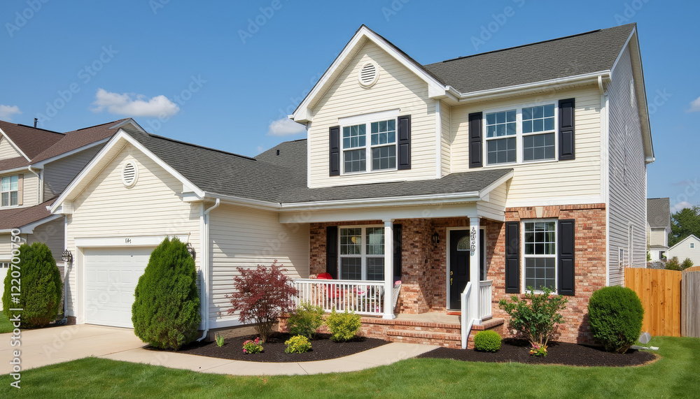 Modern house with well-kept garden under clear blue sky Modern house with well-kept garden under clear blue sky