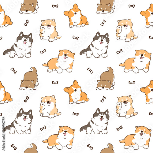 Seamless Pattern of Cute Cartoon Dog Design on White Background. Hand Drawn Vector Illustration. 