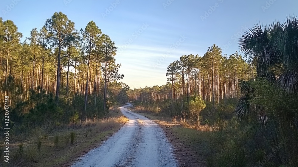 Obraz premium A dirt road cutting through a dense pine forest, with light peeking through the trees.
