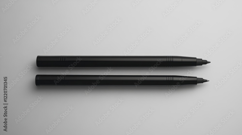 A duo of eyeliner pens and smudge-proof pencils lying parallel on a monochrome background. A duo of eyeliner pens and smudge-proof pencils lying parallel on a monochrome background.