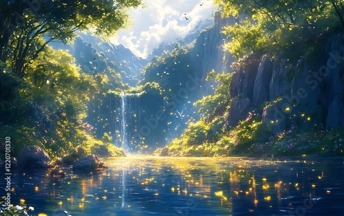 Sunrise Waterfall Lush Greenery Sky