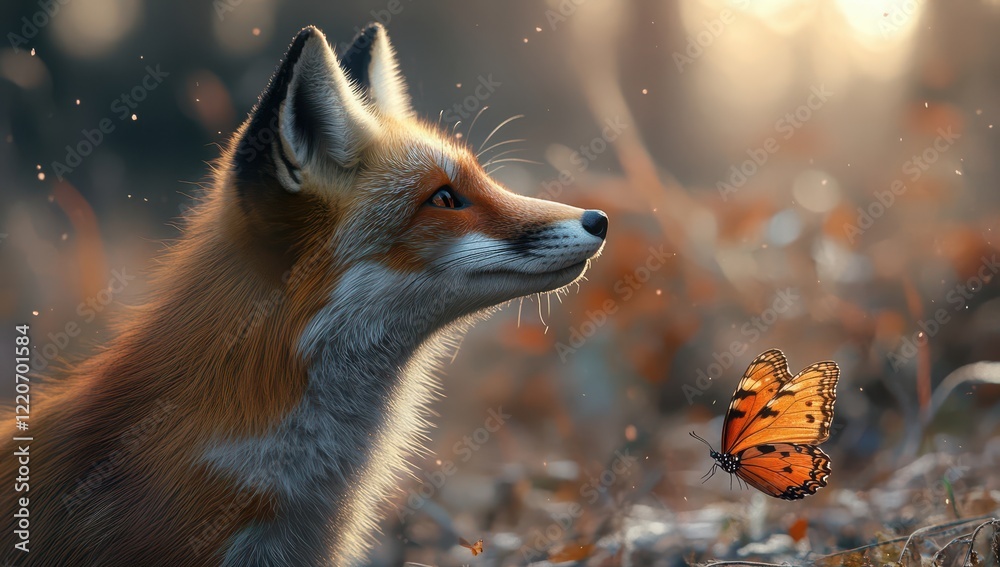 A fox and a butterfly, profile shot, natural lighting, photorealistic, cinematic. A fox and a butterfly, profile shot, natural lighting, photorealistic, cinematic.