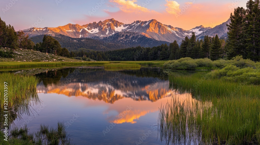 Serene mountain lake at sunset reflecting vibrant colors in a peaceful natural landscape Serene mountain lake at sunset reflecting vibrant colors in a peaceful natural landscape
