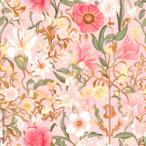 Wallpaper Mural Whimsical Floral Pattern: A vibrant and delicate floral pattern in shades of pink, white, and green, reminiscent of a vintage botanical illustration. The intricate design features blooming flowers. Se Torontodigital.ca