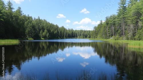 Serene lake reflecting lush greenery and blue sky in a tranquil setting