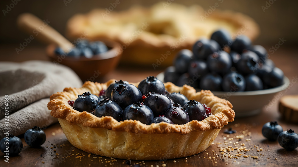 Close-up of delicious blueberry tarts on a wooden table Close-up of delicious blueberry tarts on a wooden table