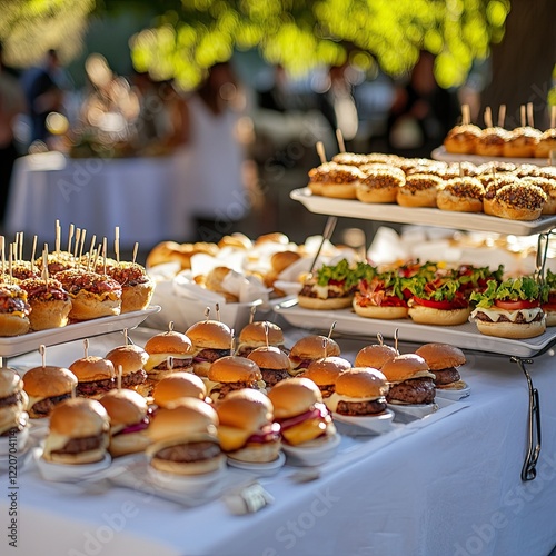 Buffet table with mini burgers at an outdoor birthday party