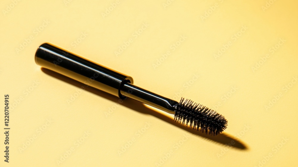 A single mascara wand lying diagonally on a pastel yellow background. A single mascara wand lying diagonally on a pastel yellow background.