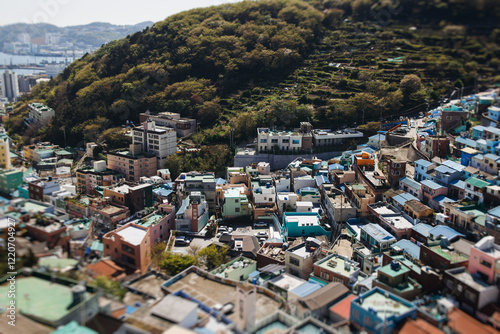 View of Gamcheon Culture village, Busan city, South Korea, Gamcheon-dong, Saha District, beautiful view of streets and multicoloured houses in a summer sunny day, Republic of Korea travel photo