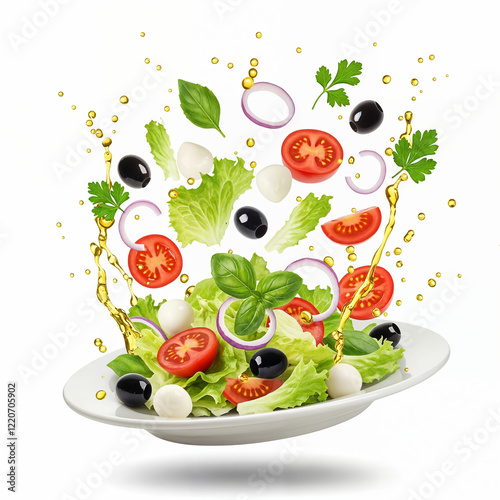 Flying ingredients salad isolated on a white background. A white plate with salad and floating in the air ingredients: olives, lettuce, onion, tomato, мozzarella сheese, parsley, basil and olive oil.