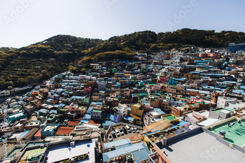 View of Gamcheon Culture village, Busan city, South Korea, Gamcheon-dong, Saha District, beautiful view of streets and multicoloured houses in a summer sunny day, Republic of Korea travel photo