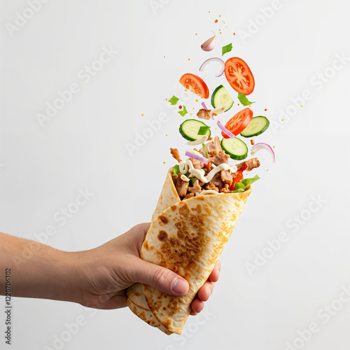 Man holding tasty chicken shawarma on white background, closeup