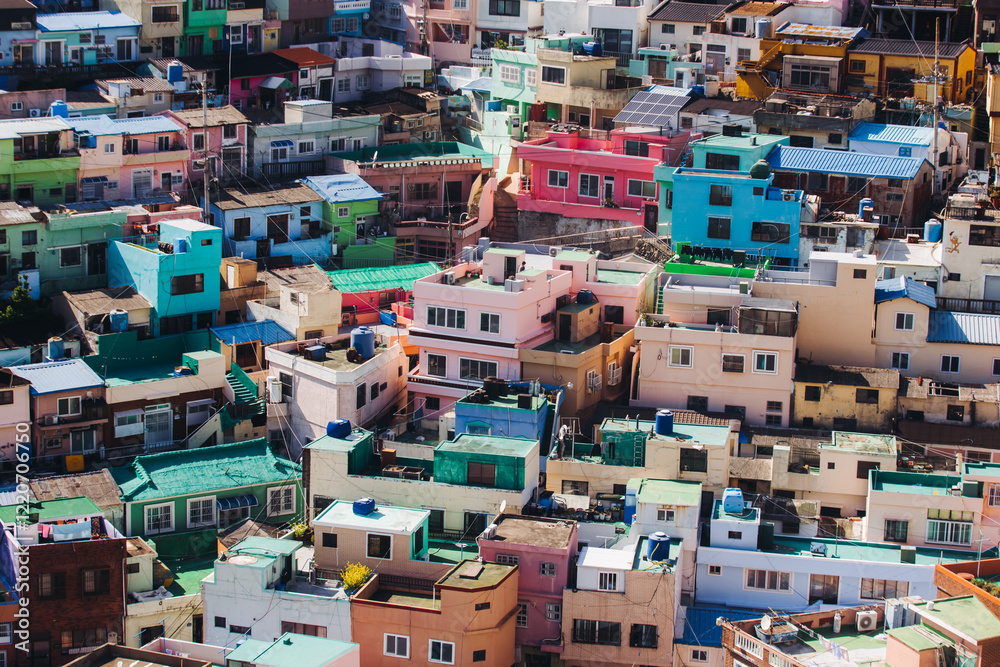 View of Gamcheon Culture village, Busan city, South Korea, Gamcheon-dong, Saha District, beautiful view of streets and multicoloured houses in a summer sunny day, Republic of Korea travel View of Gamcheon Culture village, Busan city, South Korea, Gamcheon-dong, Saha District, beautiful view of streets and multicoloured houses in a summer sunny day, Republic of Korea travel