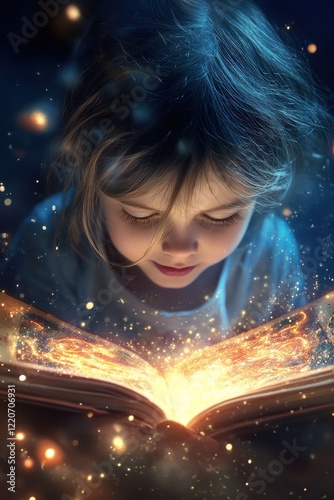 Child immersed in a glowing story. Generative AI