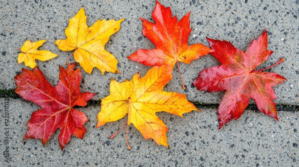 Colorful Leaves on Wet Urban Pavement in Soft Light Colorful Leaves on Wet Urban Pavement in Soft Light