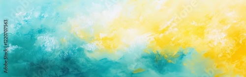 Bright turquoise and sunny yellow merge in a vibrant abstract artwork, showcasing dynamic colors and textures