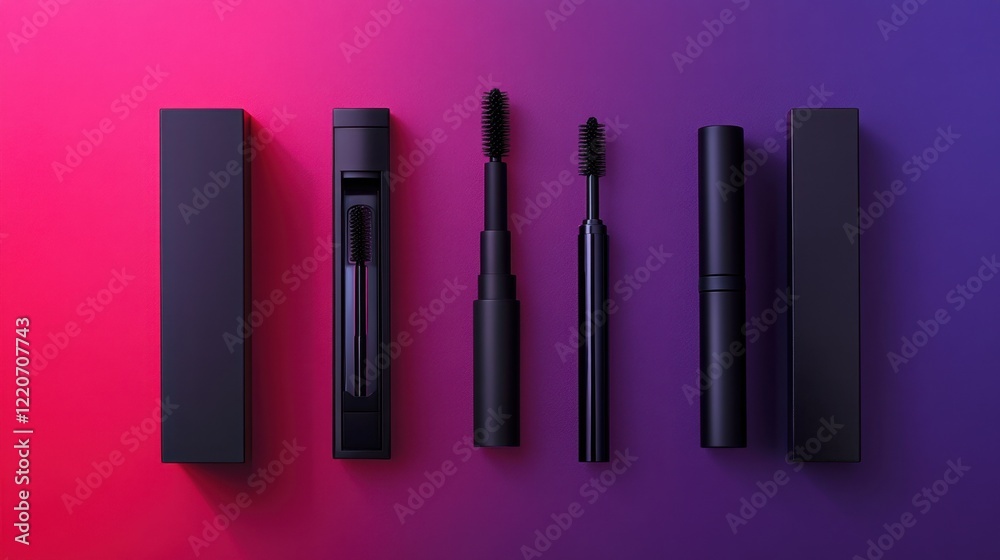 Fototapeta premium Flat lay of mascara products with sleek black packaging on a gradient background.