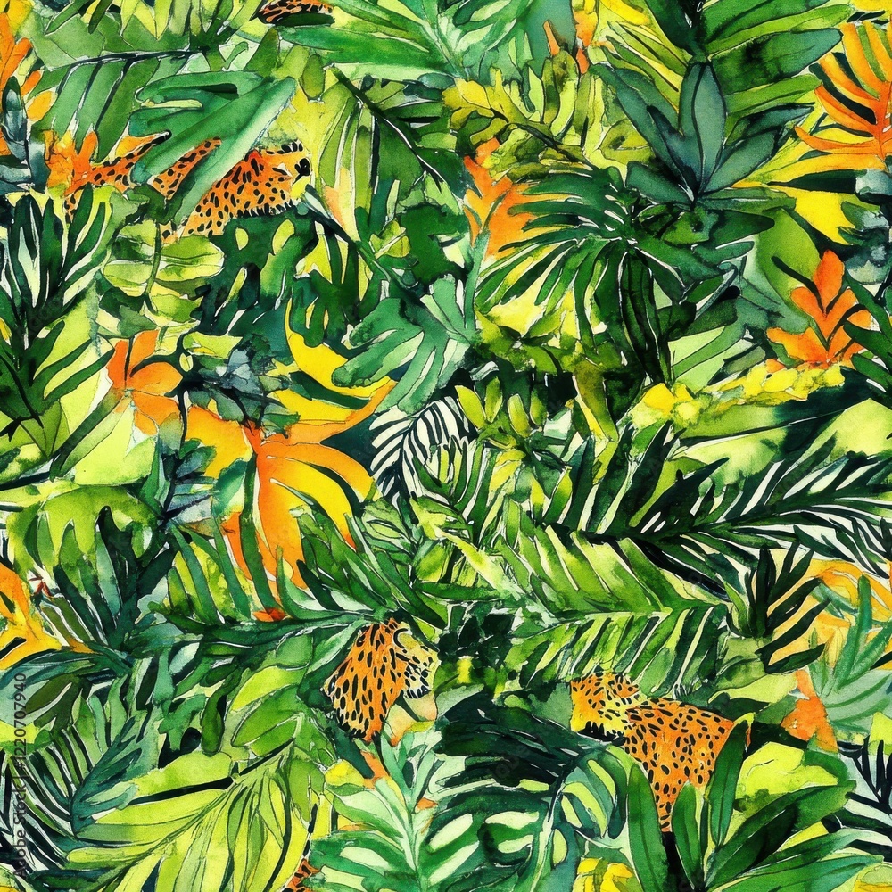 Obraz premium Intricate doodle showcasing vibrant jungle foliage with hidden leopard patterns amidst lush greenery