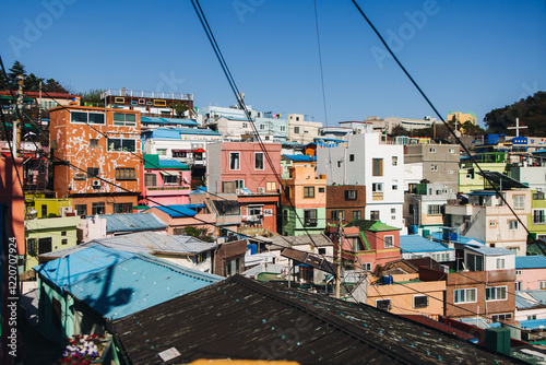 View of Gamcheon Culture village, Busan city, South Korea, Gamcheon-dong, Saha District, beautiful view of streets and multicoloured houses in a summer sunny day, Republic of Korea travel photo