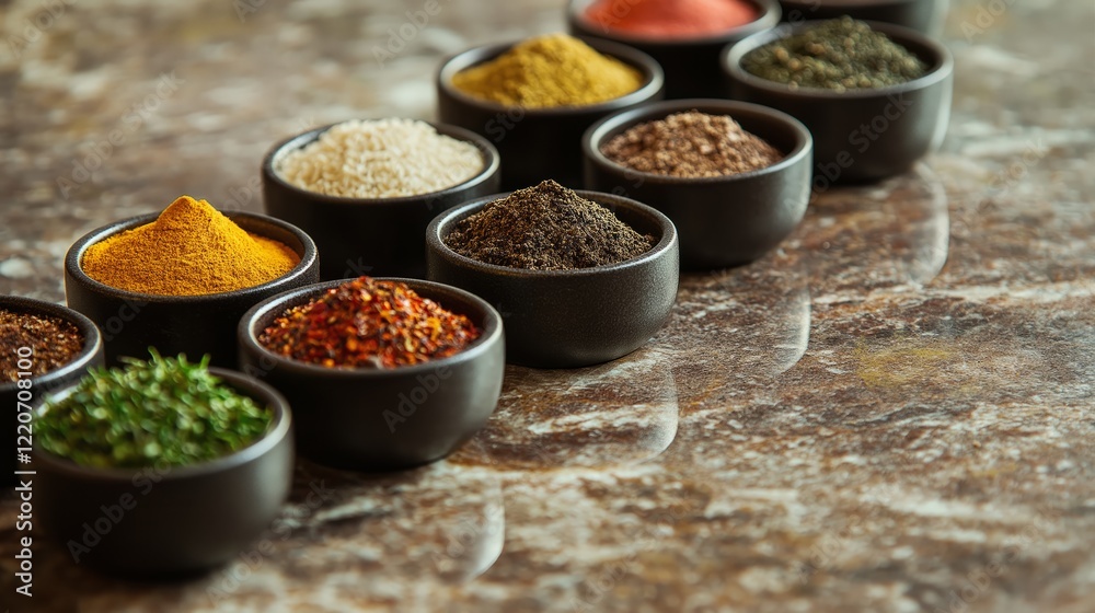 A colorful spices arranged in small bowls on a textured surface, with intricate details in the spices. A colorful spices arranged in small bowls on a textured surface, with intricate details in the spices.