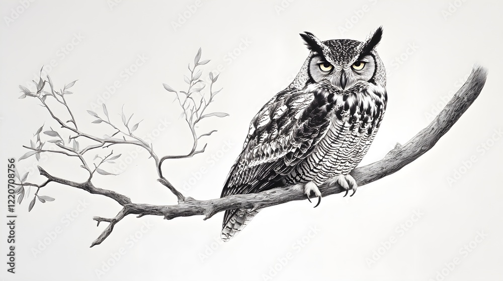 Obraz premium Wise Owl Perched on a Branch with Smooth Light Background