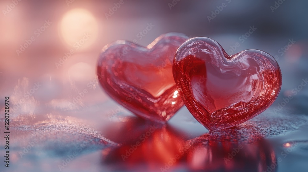 Shimmering valentines hearts on icy background for romantic february celebrations Shimmering valentines hearts on icy background for romantic february celebrations