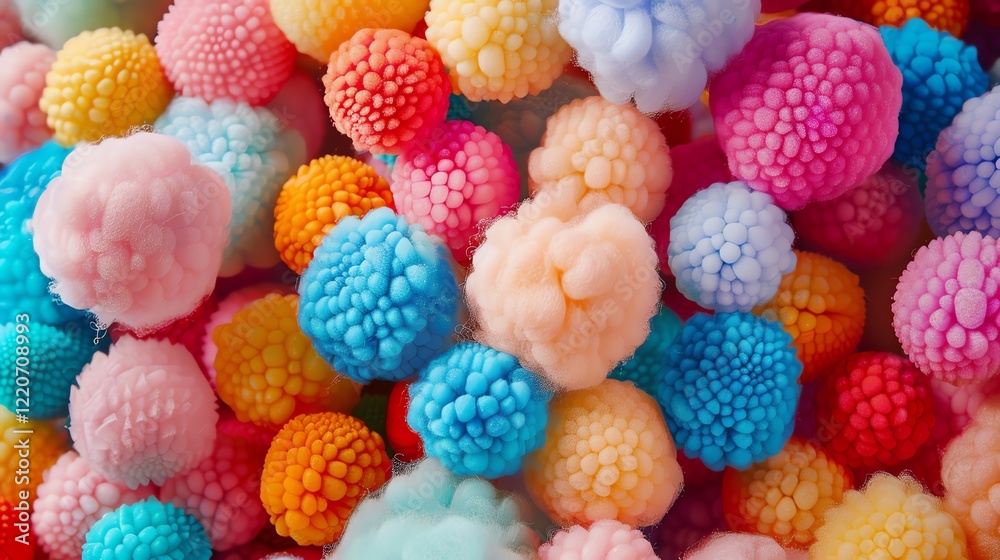 Colorful 3D rendering of a variety of fluffy balls. The balls are all different colors, including pink, blue, green, yellow, and orange. Colorful 3D rendering of a variety of fluffy balls. The balls are all different colors, including pink, blue, green, yellow, and orange.