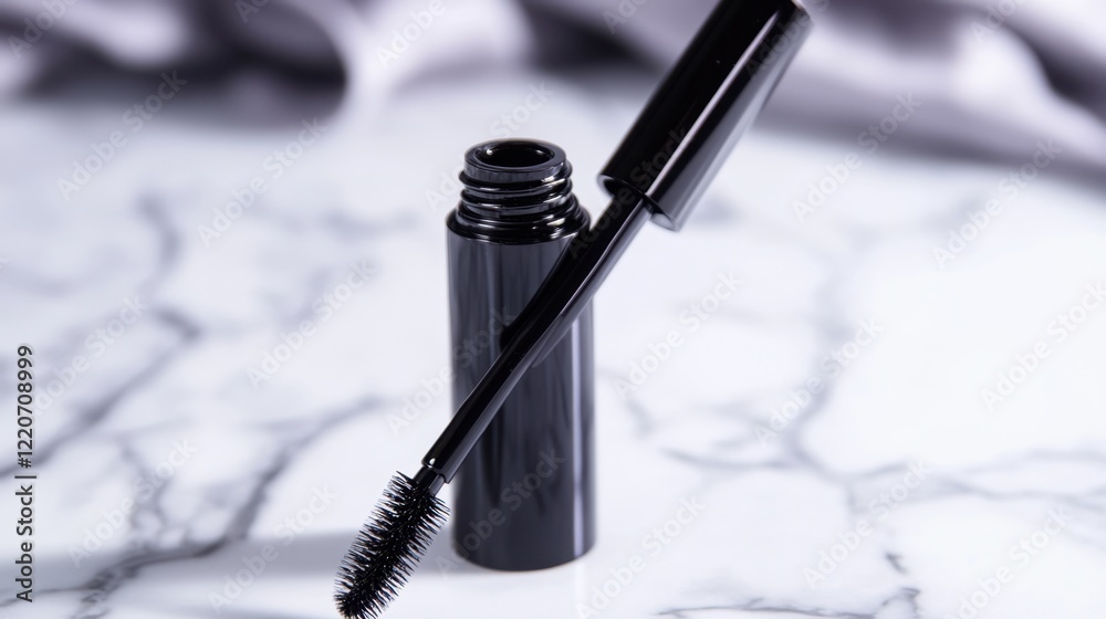 Obraz premium Open mascara tube with the wand leaning against the bottle, placed on a white marble surface.