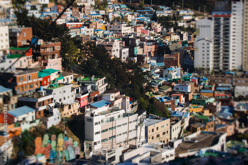 View of Gamcheon Culture village, Busan city, South Korea, Gamcheon-dong, Saha District, beautiful view of streets and multicoloured houses in a summer sunny day, Republic of Korea travel View of Gamcheon Culture village, Busan city, South Korea, Gamcheon-dong, Saha District, beautiful view of streets and multicoloured houses in a summer sunny day, Republic of Korea travel