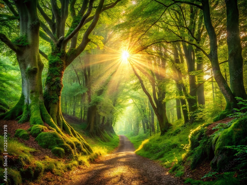 Obraz premium Enchanting Panoramic Forest Path: Magical Sunlight Through Ancient Trees