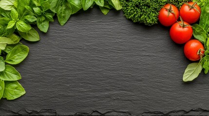 Fresh Tomatoes, Basil and Parsley on Dark Background