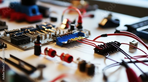 Close-up of intricate electronic components and wiring on a workbench with tools and parts photo