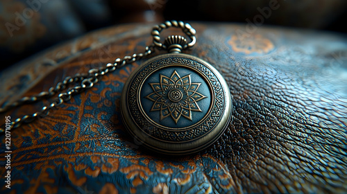 Antique pocket watch rests on ornate leather, indoors, close-up;  vintage design for nostalgic backgrounds