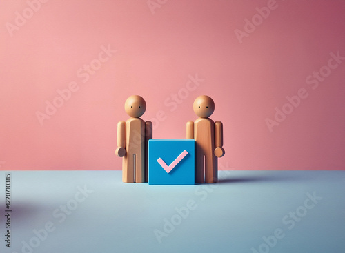 Grainy textured image of two light brown wooden figurines standing beside a teal cube displaying a pink checkmark against a muted pink and blue background.  The scene has a minimalist, almost toy-like photo