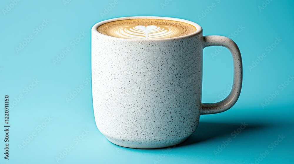 Speckled Ceramic Mug of Latte Art Coffee on Teal Background