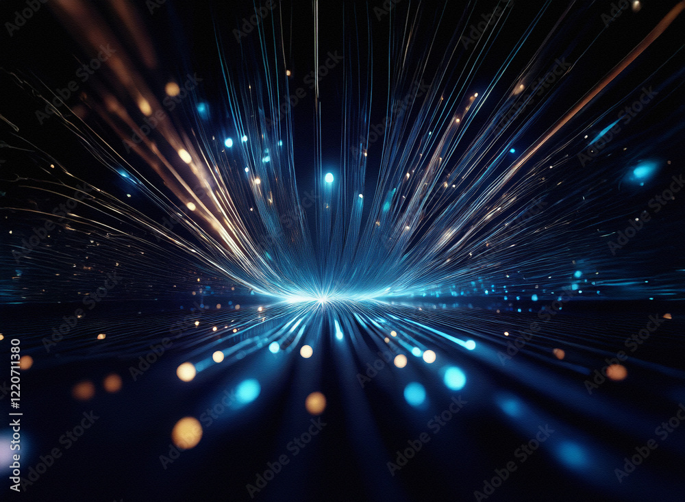 Fototapeta premium Grainy texture of light streaks radiating outwards from a central point, creating a sense of speed and energy in a dark, abstract space. Blue and gold light particles are dispersed throughout.