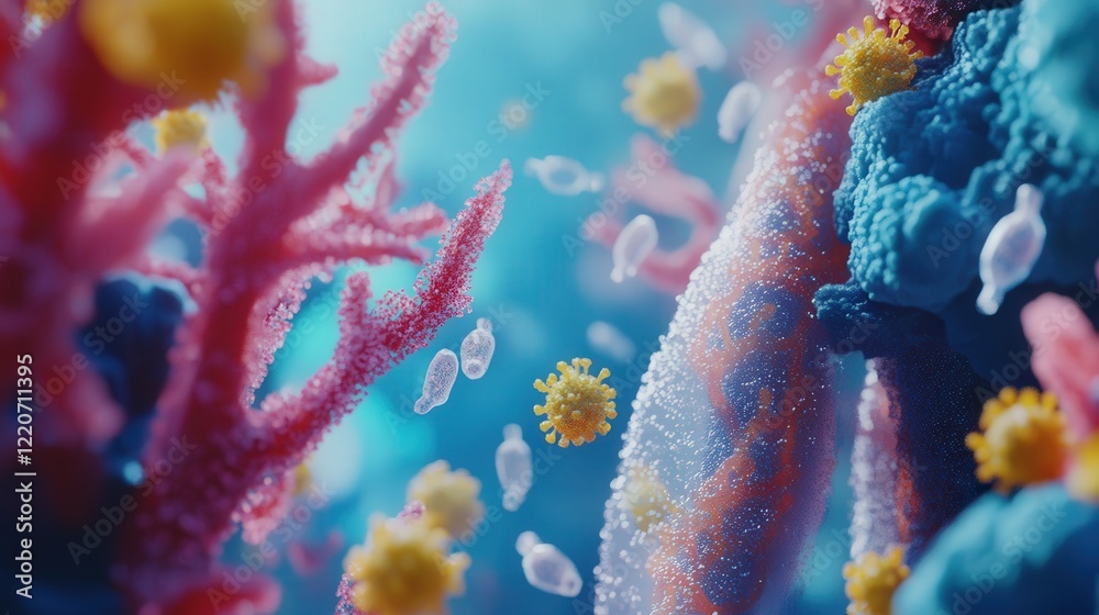 Naklejka premium pathogen invasion in the lungs, depicting how bacteria and viruses travel through the airways to cause respiratory diseases like COVID-