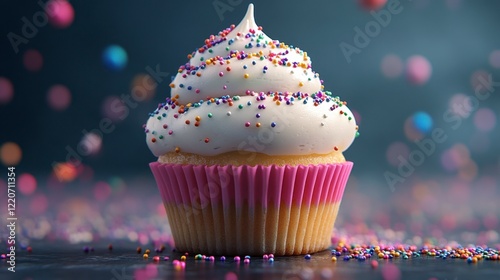 A high-resolution close-up of a perfectly frosted cupcake with colorful sprinkles photo