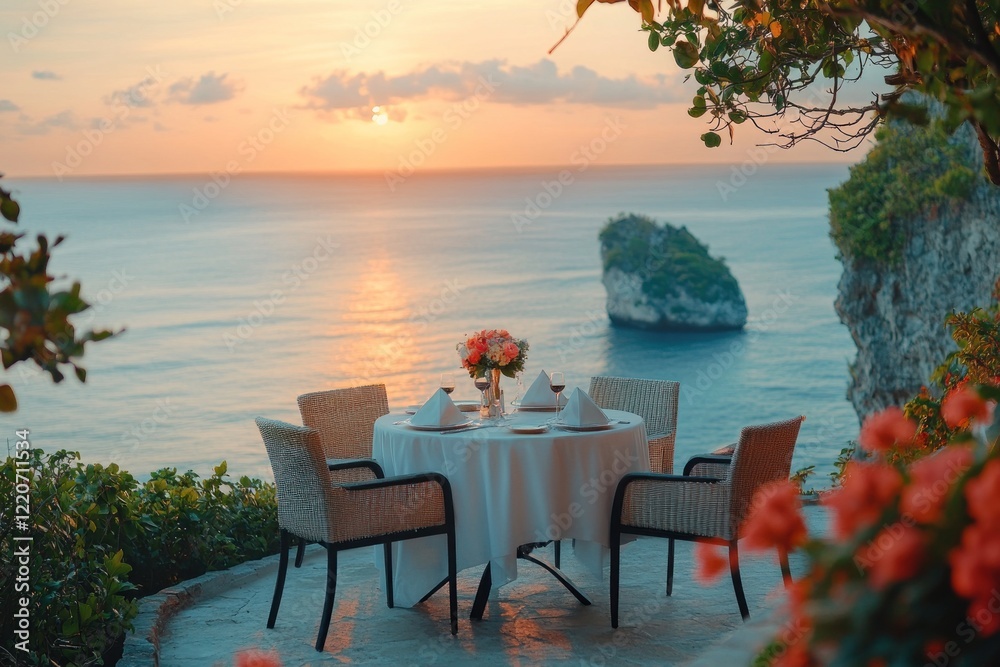 Fototapeta premium Cliffside romantic dining with AI