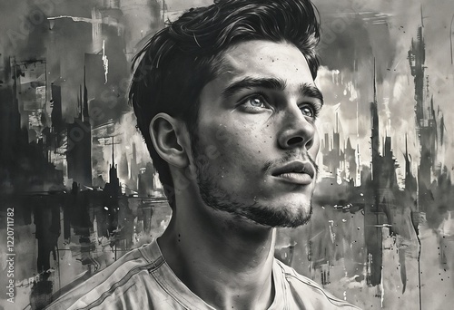 Monochrome portrait of an introspective young man with serious expression and artistic background