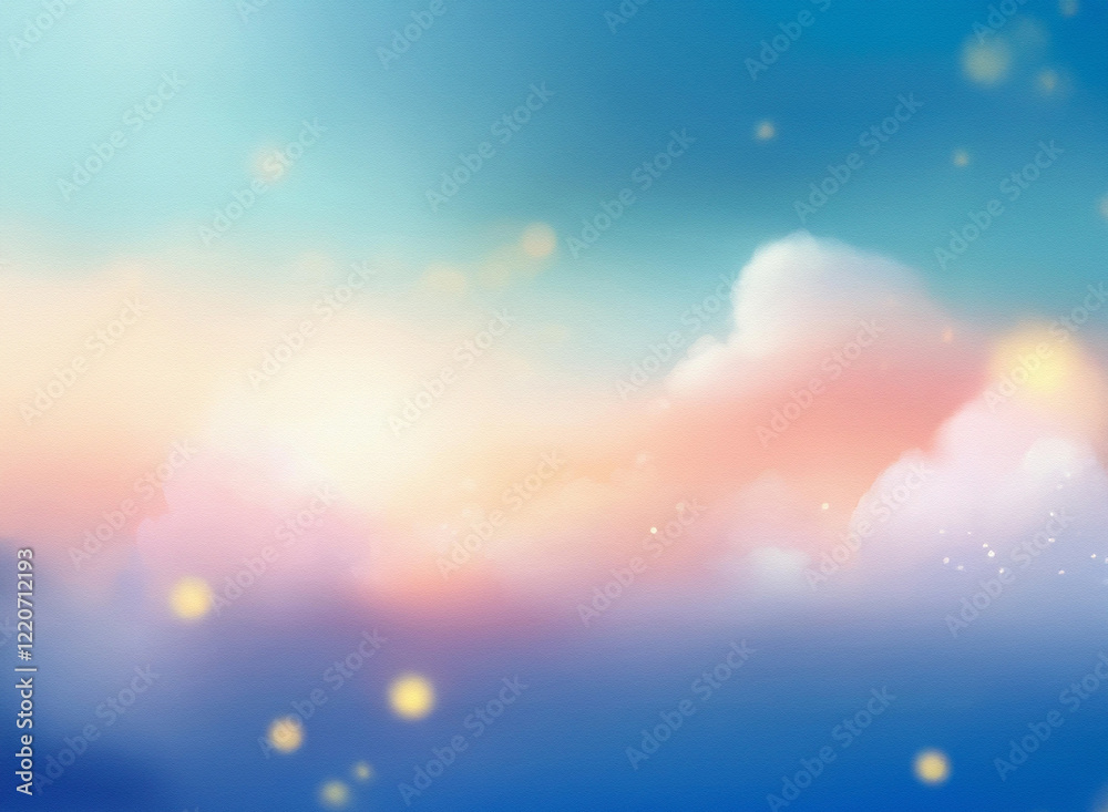 Fototapeta premium A grainy, textured dreamscape of pastel sunset hues. Soft clouds drift across a blurred, ethereal sky, filled with sparkling dust motes.